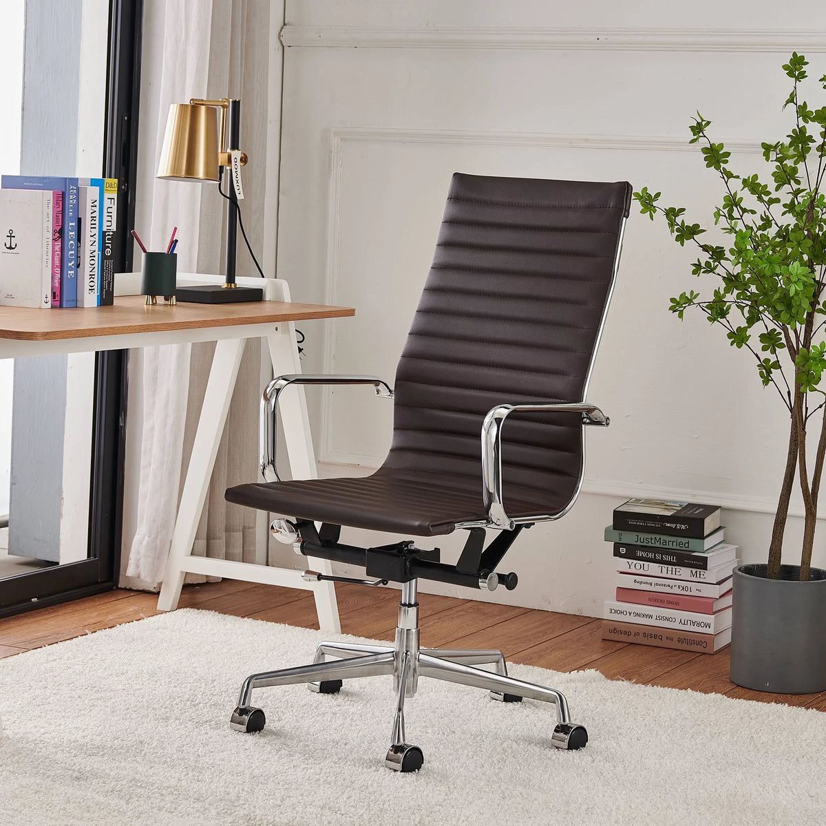 High Back Executive Office Chair with Armrest Adjustable Swivel Vegan Leather Brown D633