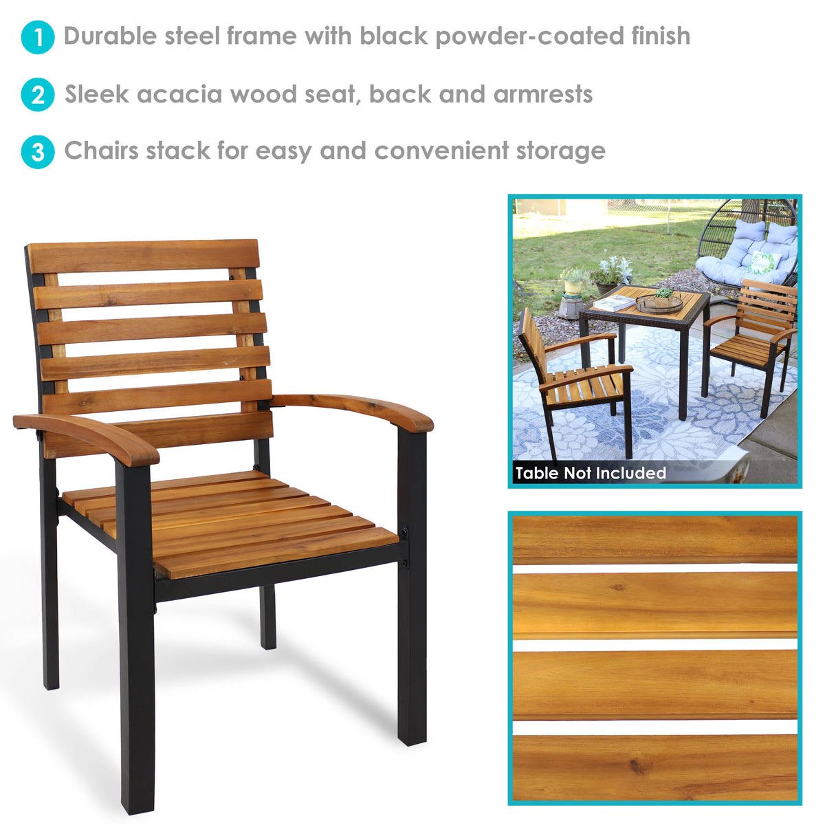 Set of 2 Acacia Wood and Steel Outdoor Patio Armchairs P8488