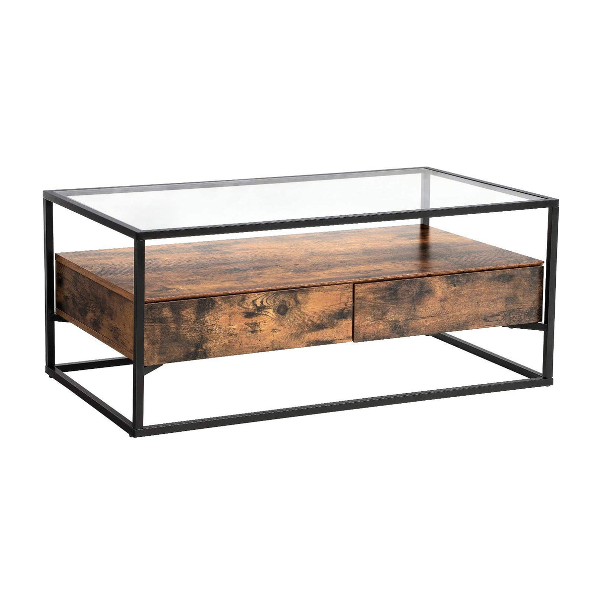 Rustic Brown Glass Coffee Table with 2 Drawers Q247
