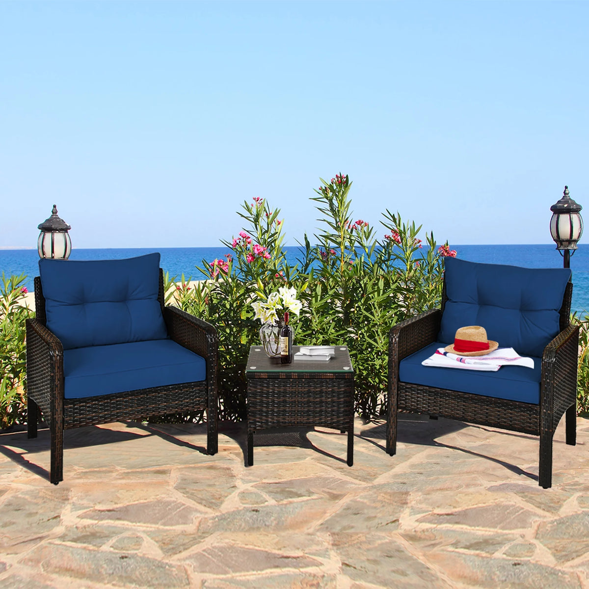 3 Pcs Rattan Patio Conversation Set with Navy Cushions F2137