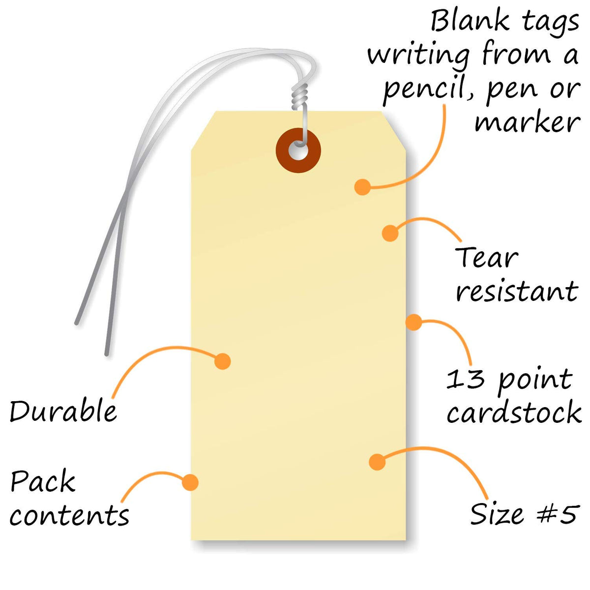 Blank Manila Shipping Tags with Wire, Size #5, 13pt Cardstock, 4 3/4 x 2 3/8, Pack of 1000 E3355