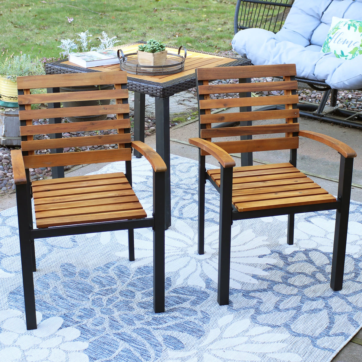 Set of 2 Acacia Wood and Steel Outdoor Patio Armchairs P8488