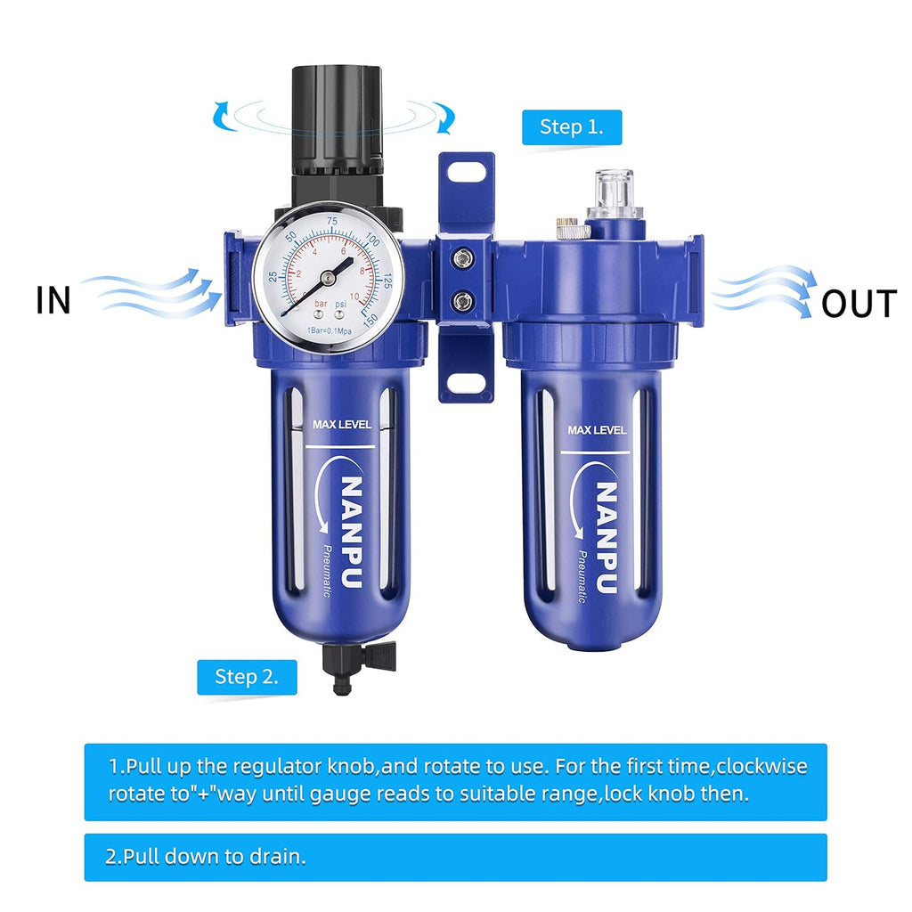 Compressed Air Filter Regulator Lubricator, Zinc Alloy, 5 Micron Brass Element, 0-150 psi Gauge B7987