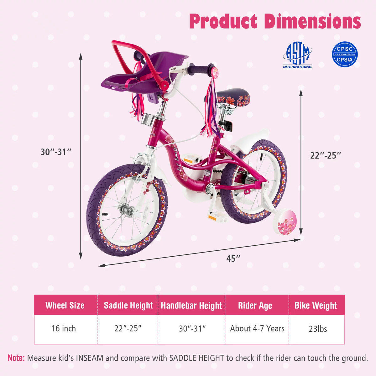 Pink & Purple 16 Toddler Bike with Training Wheels A410