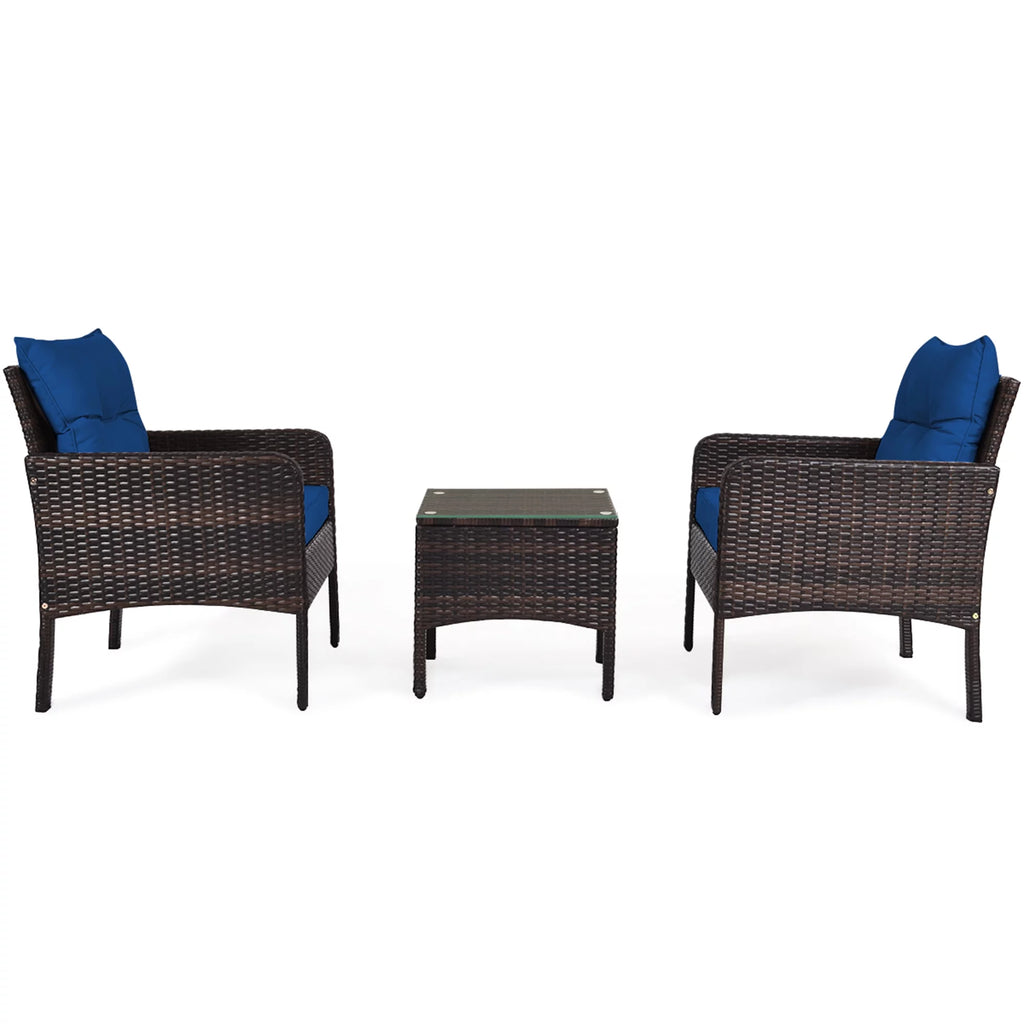 3 Pcs Rattan Patio Conversation Set with Navy Cushions F2137