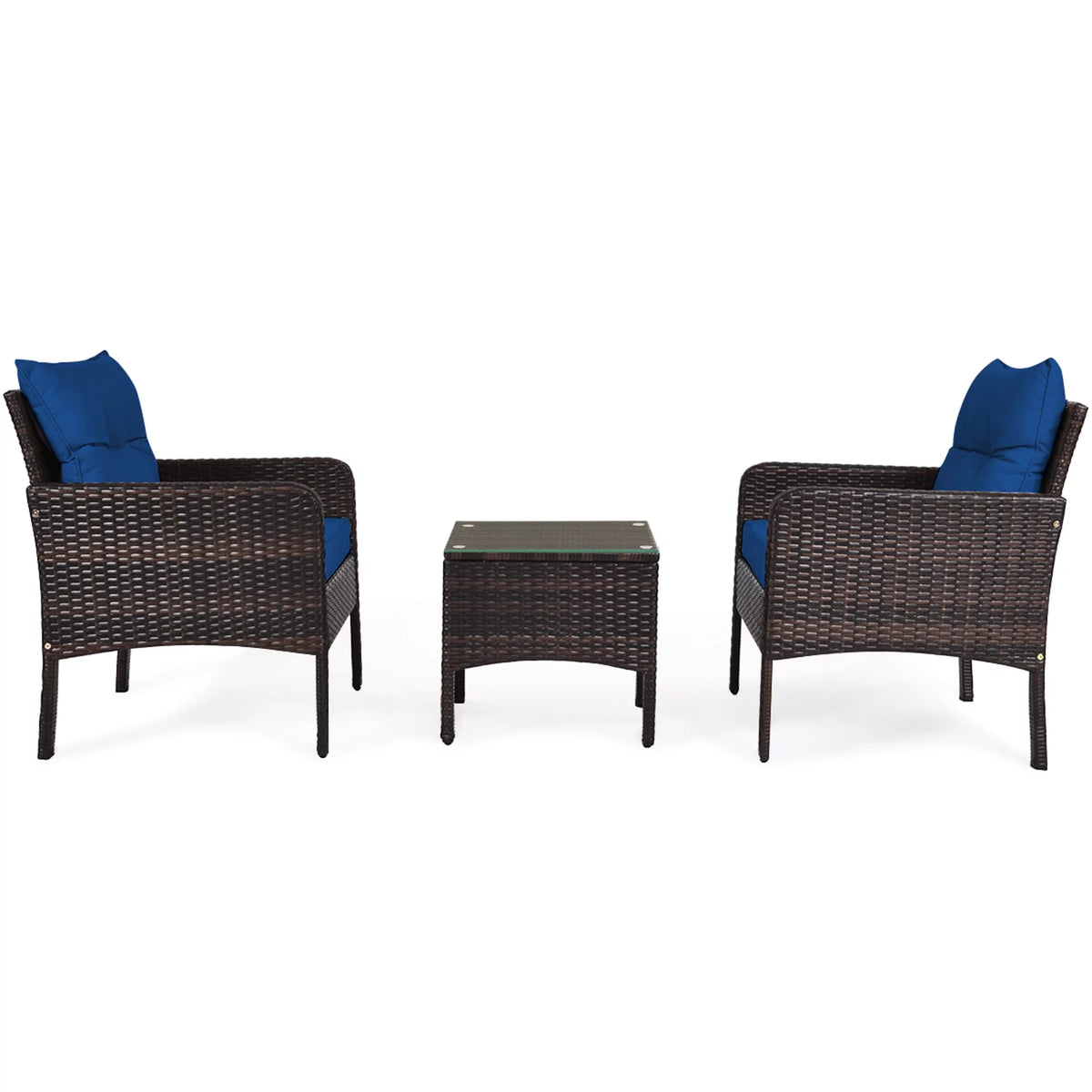 3 Pcs Rattan Patio Conversation Set with Navy Cushions F2137
