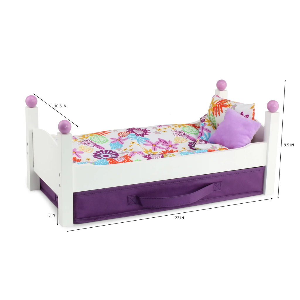 18 Inch Doll Bed with Fabric Storage Bin and Reversible Doll Bedding M29180