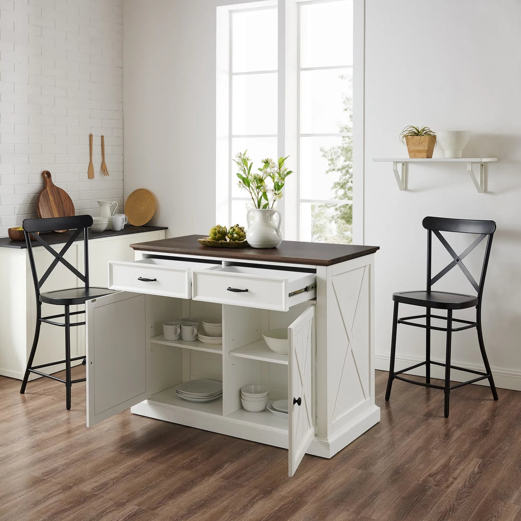 Distressed White/Black Kitchen Island & 2 Stools I288622